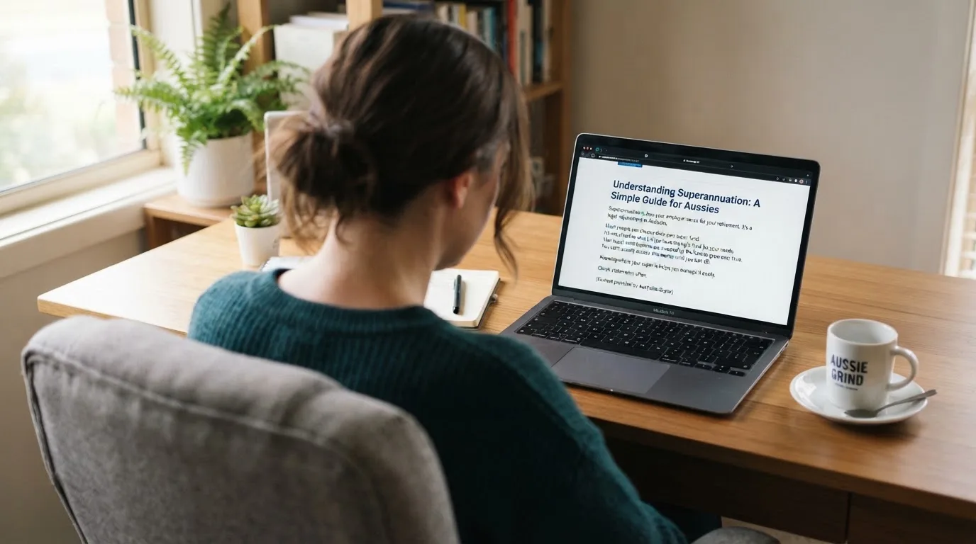 A person at a laptop reading a plain-language explainer article at a home desk.