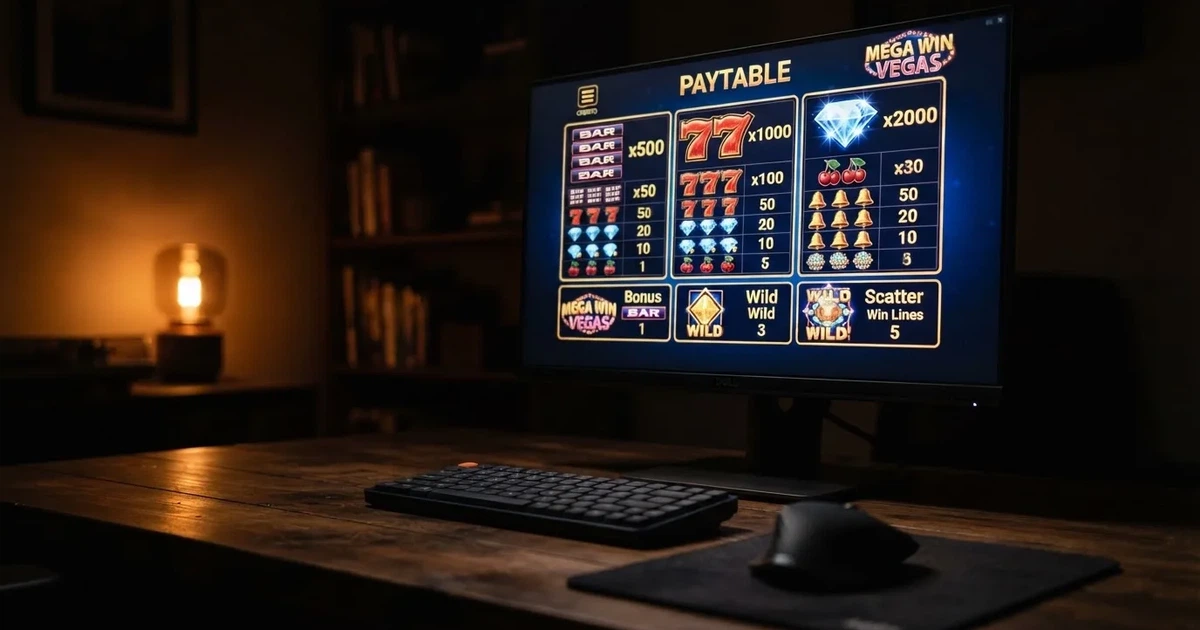A slot machine's paytable screen glowing on a monitor in a dim room.