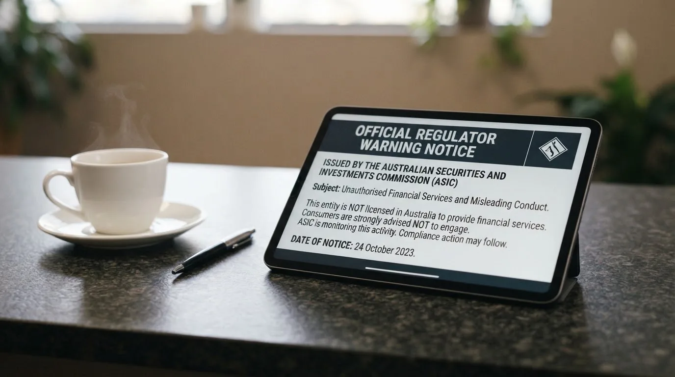 A tablet screen displaying an official regulator warning notice on a desk beside a coffee cup.
