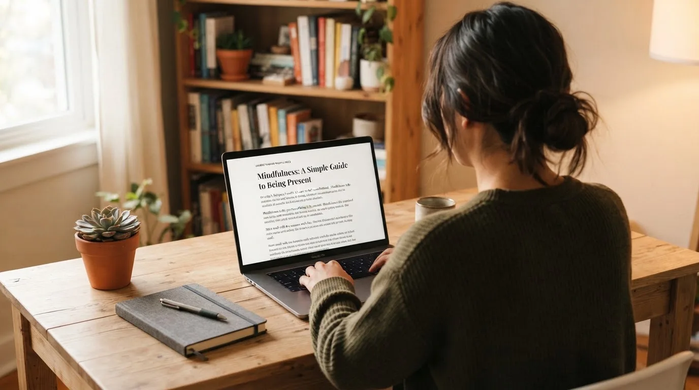 A person at a laptop reading a plain-language explainer article at a home desk.