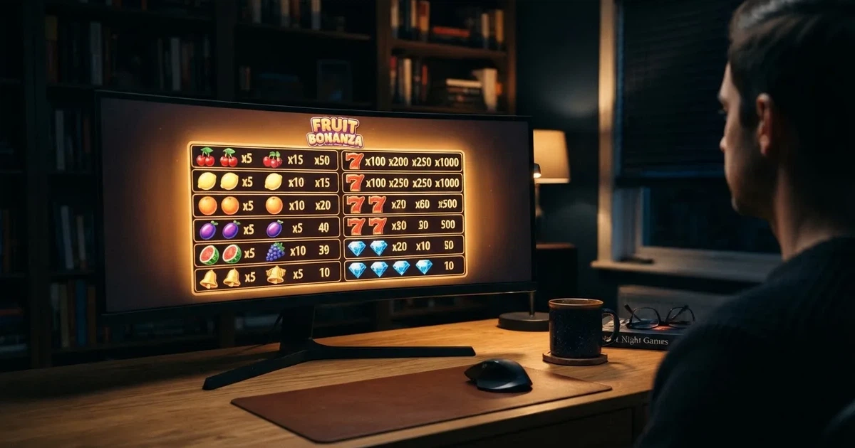 A slot machine's paytable screen glowing on a monitor in a dim room.