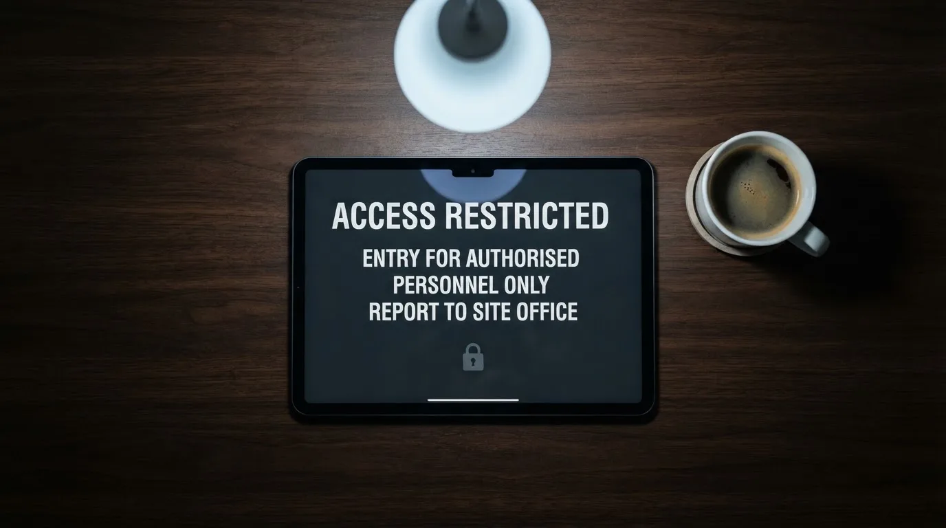 A tablet screen displaying an official regulator warning notice on a desk beside a coffee cup.