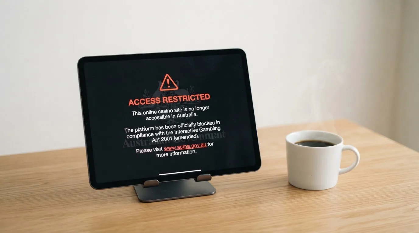 A tablet screen displaying an official regulator warning notice on a desk beside a coffee cup.