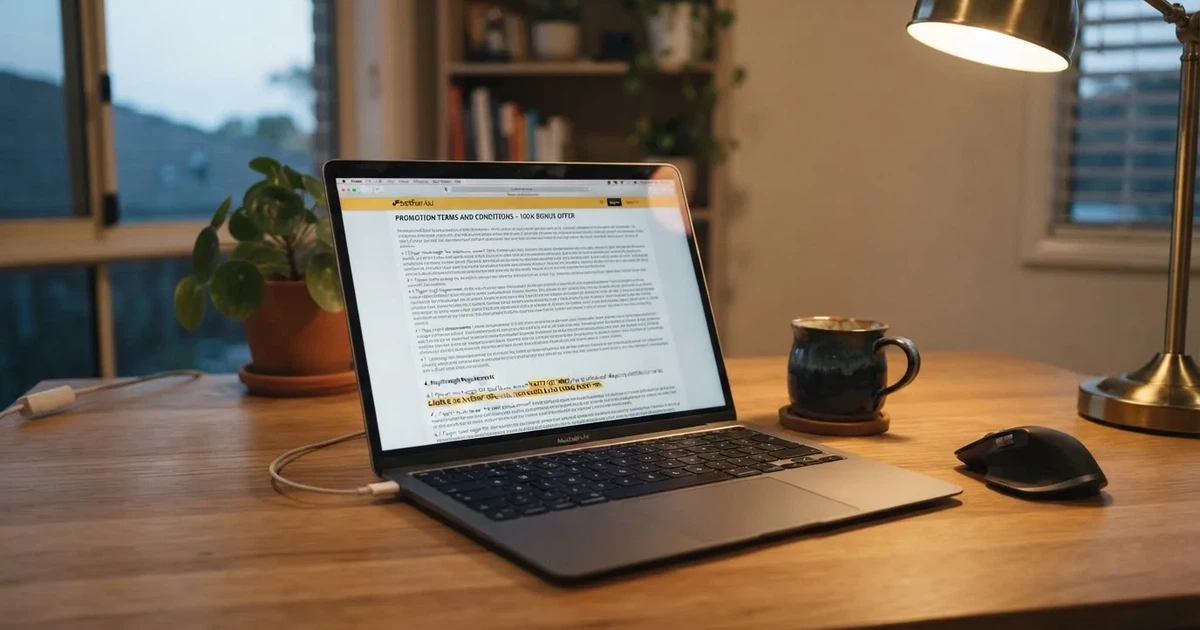 A laptop screen showing a terms-and-conditions page with wagering requirements highlighted.