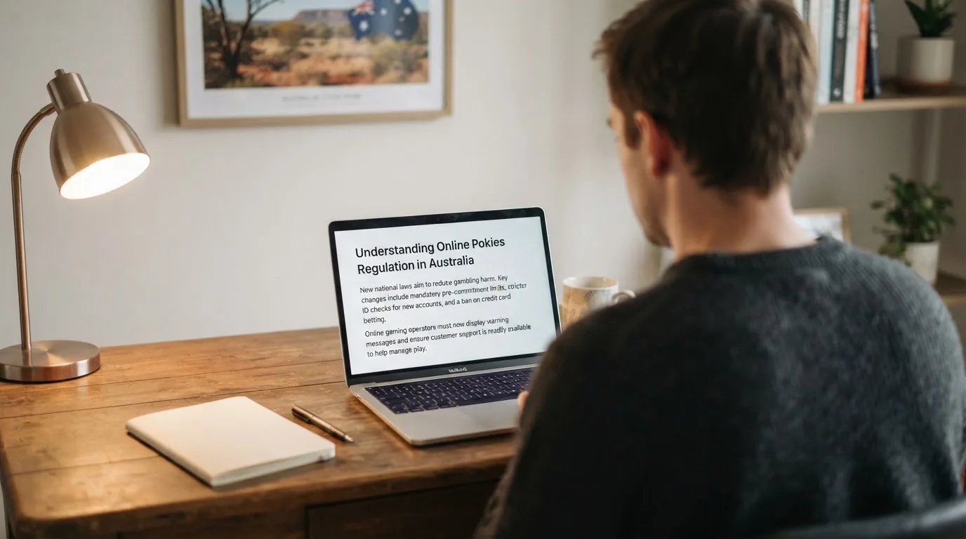 A person at a laptop reading a plain-language explainer article at a home desk.