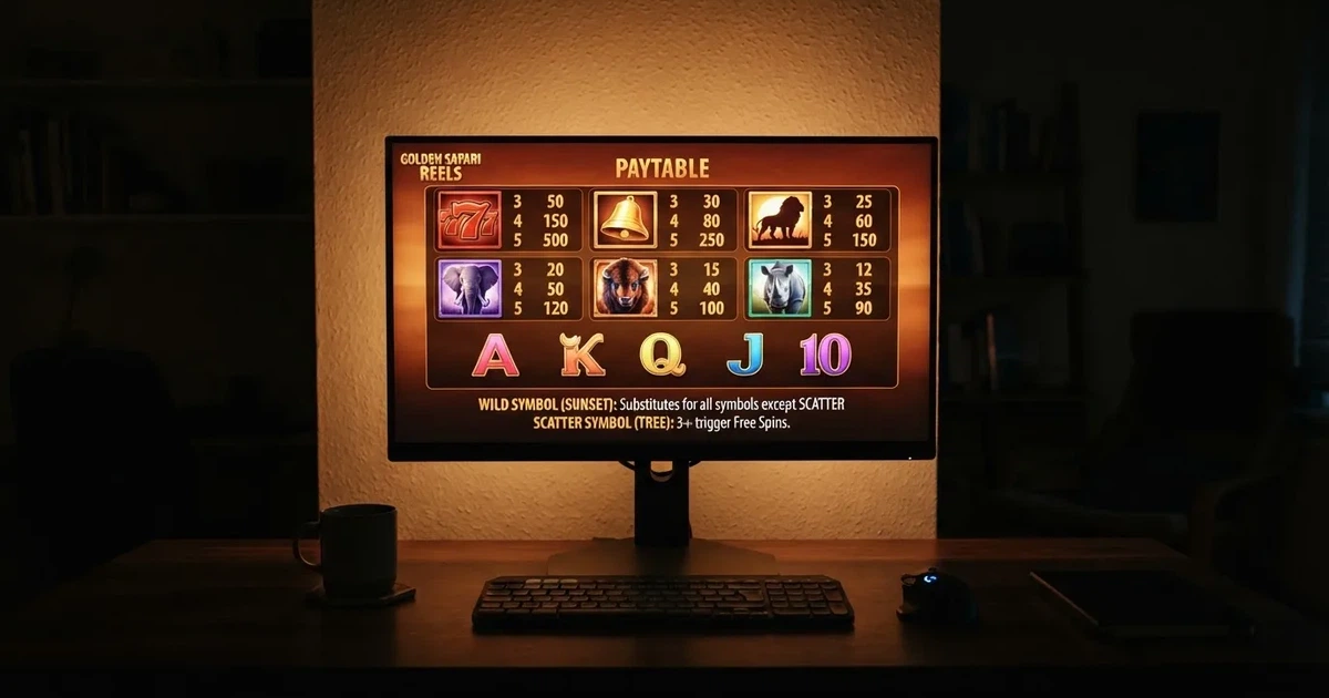 A slot machine's paytable screen glowing on a monitor in a dim room.