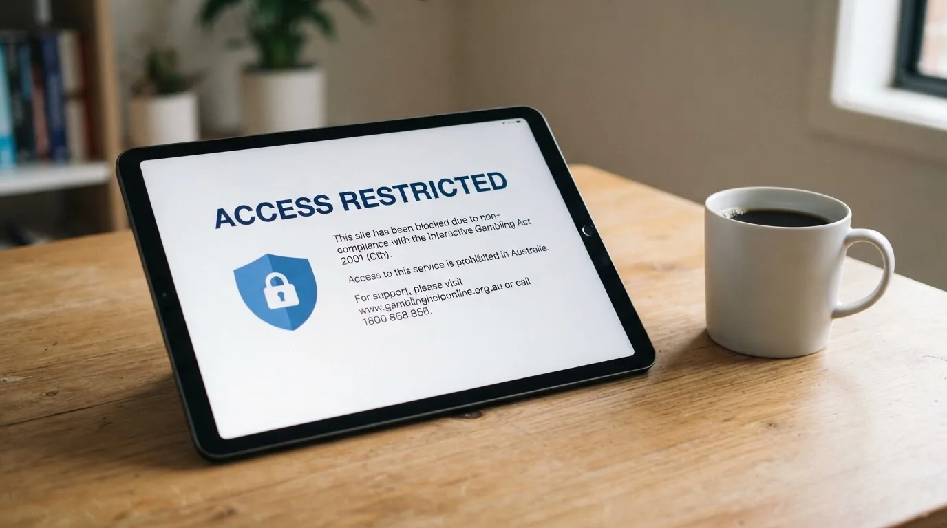 A tablet screen displaying an official regulator warning notice on a desk beside a coffee cup.