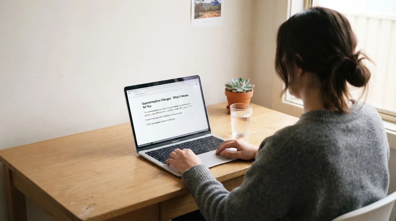 A person at a laptop reading a plain-language explainer article at a home desk.