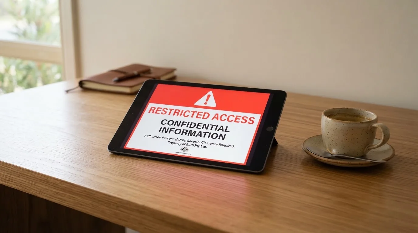 A tablet screen displaying an official regulator warning notice on a desk beside a coffee cup.