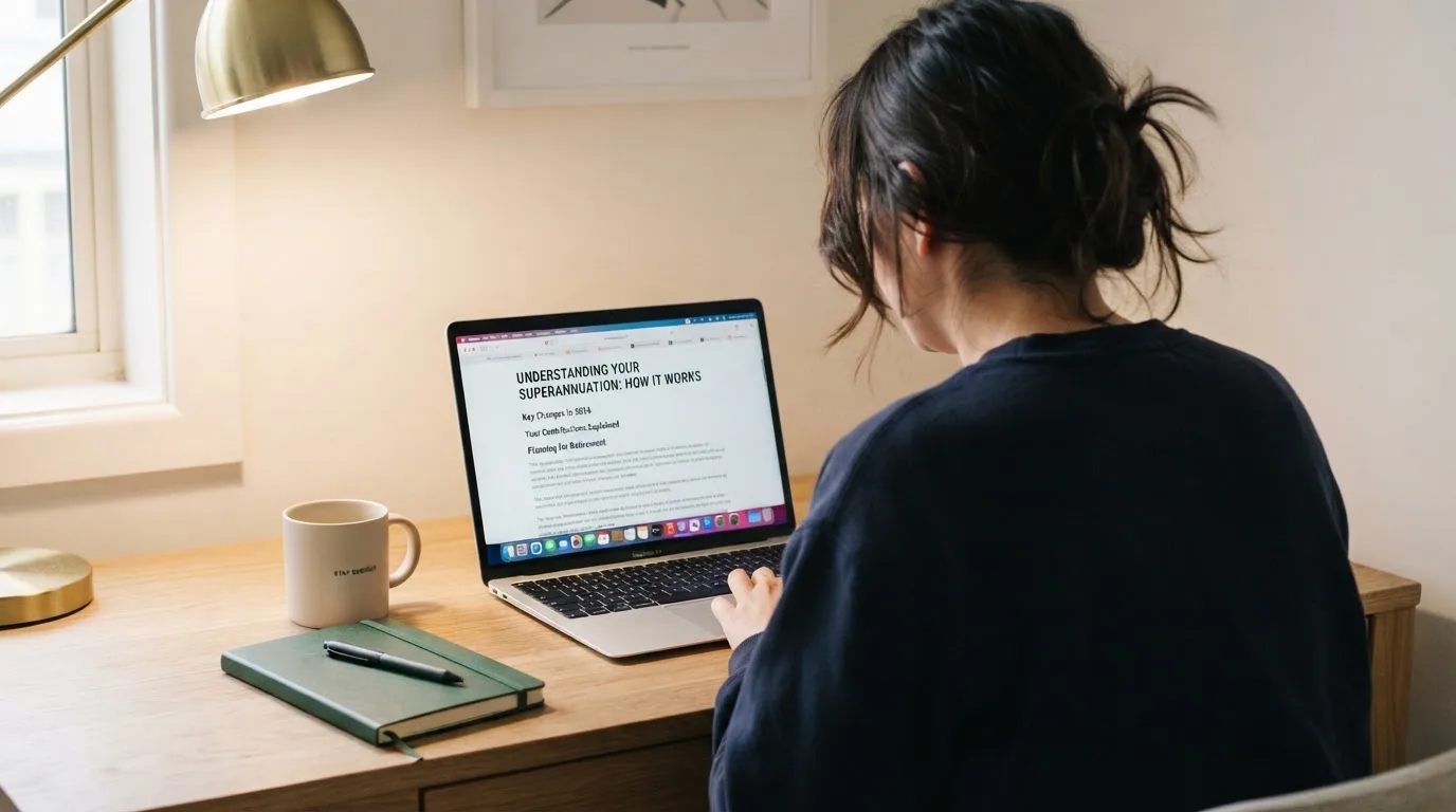A person at a laptop reading a plain-language explainer article at a home desk.