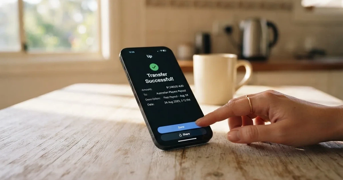 A close-up of a banking app on a smartphone showing a same-day transfer confirmation on a kitchen table.
