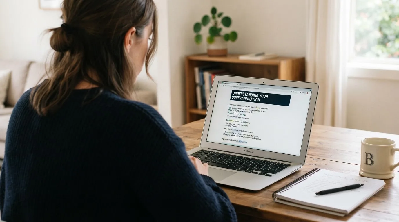A person at a laptop reading a plain-language explainer article at a home desk.