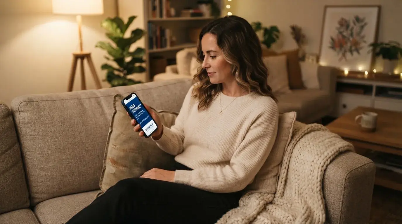 A person looking at a support helpline page on a phone while sitting on a couch.