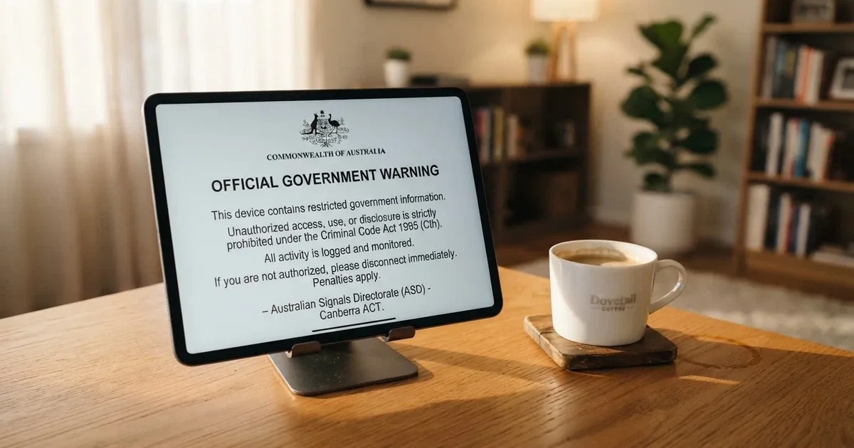 A tablet screen displaying an official regulator warning notice on a desk beside a coffee cup.