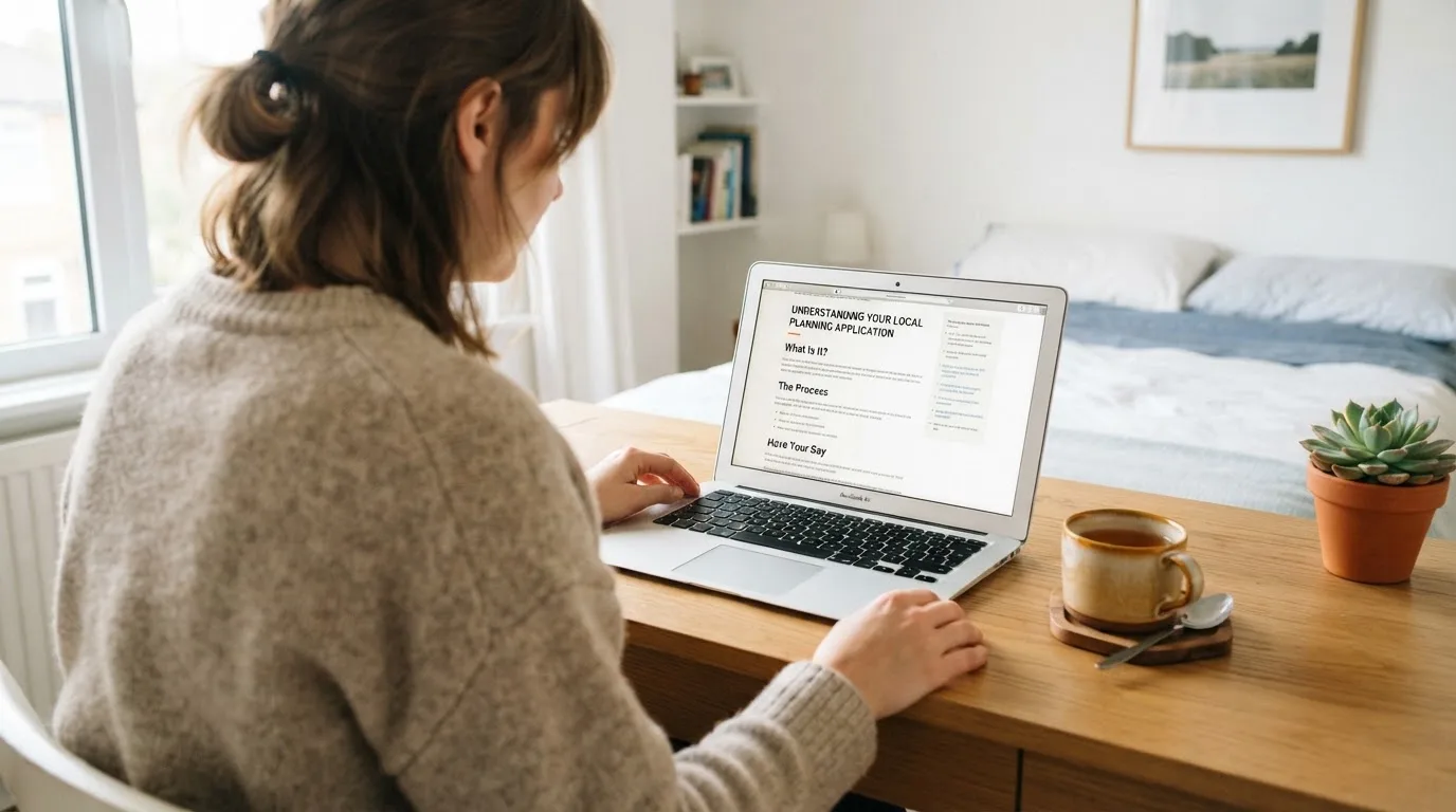 A person at a laptop reading a plain-language explainer article at a home desk.