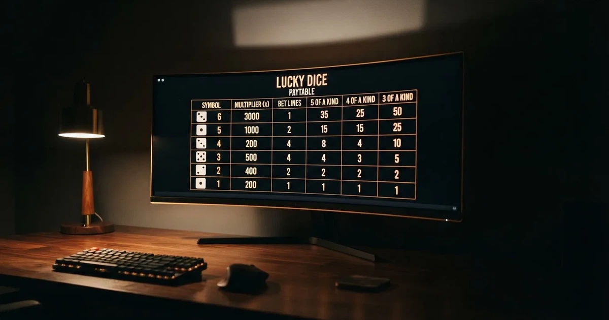 A slot machine's paytable screen glowing on a monitor in a dim room.