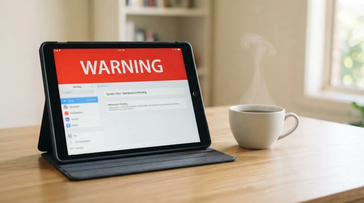 A tablet screen displaying an official regulator warning notice on a desk beside a coffee cup.