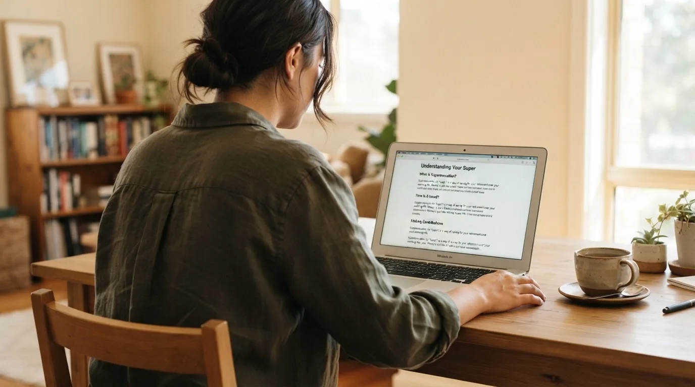 A person at a laptop reading a plain-language explainer article at a home desk.
