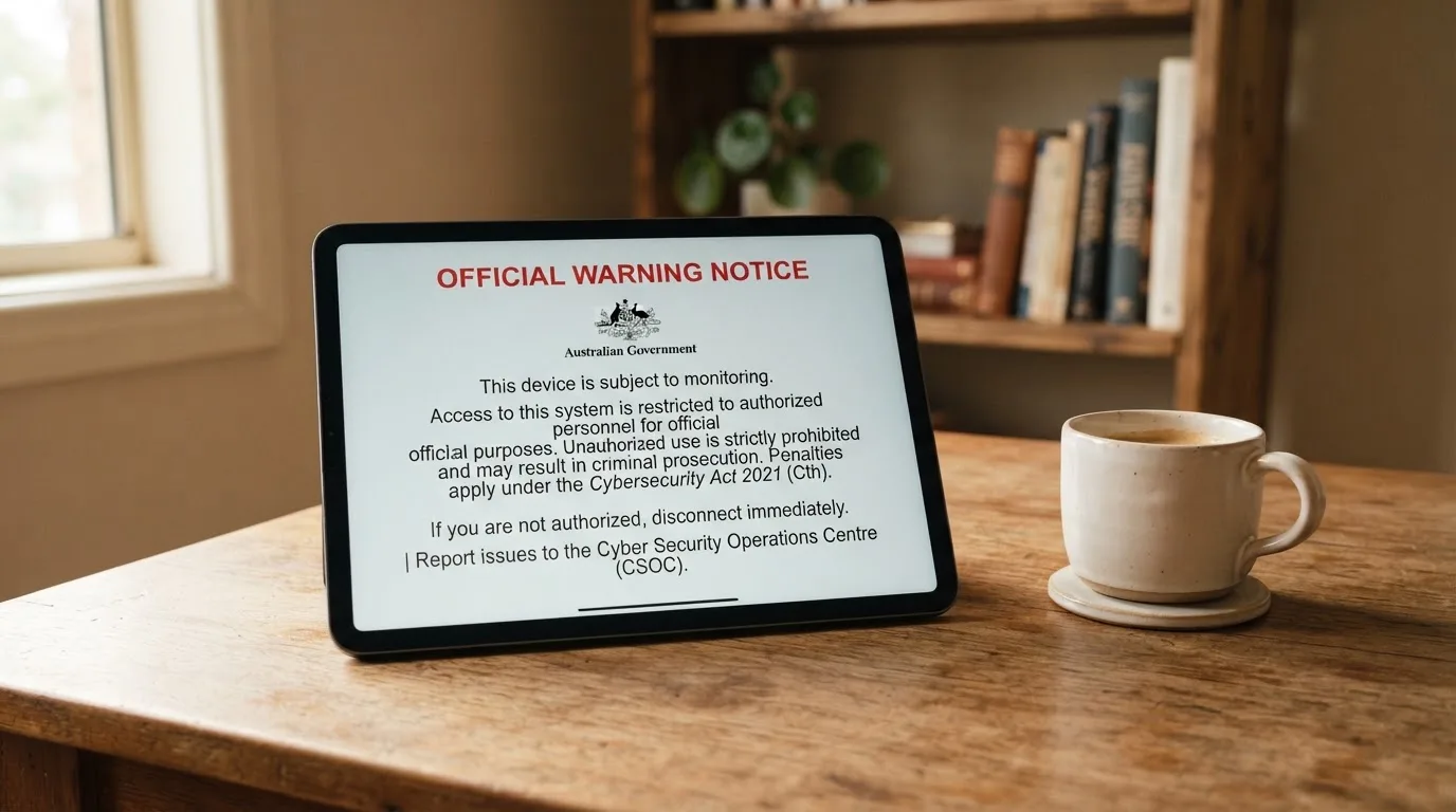 A tablet screen displaying an official regulator warning notice on a desk beside a coffee cup.