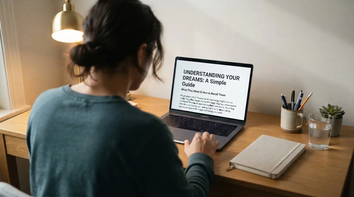 A person at a laptop reading a plain-language explainer article at a home desk.