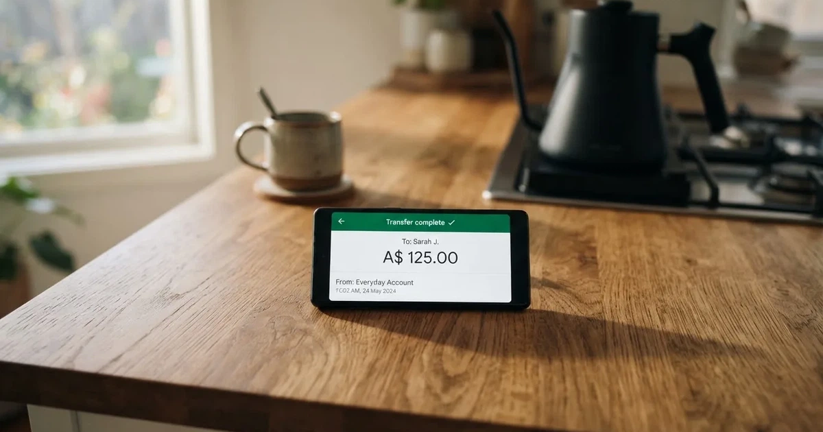 A close-up of a banking app on a smartphone showing a same-day transfer confirmation on a kitchen table.