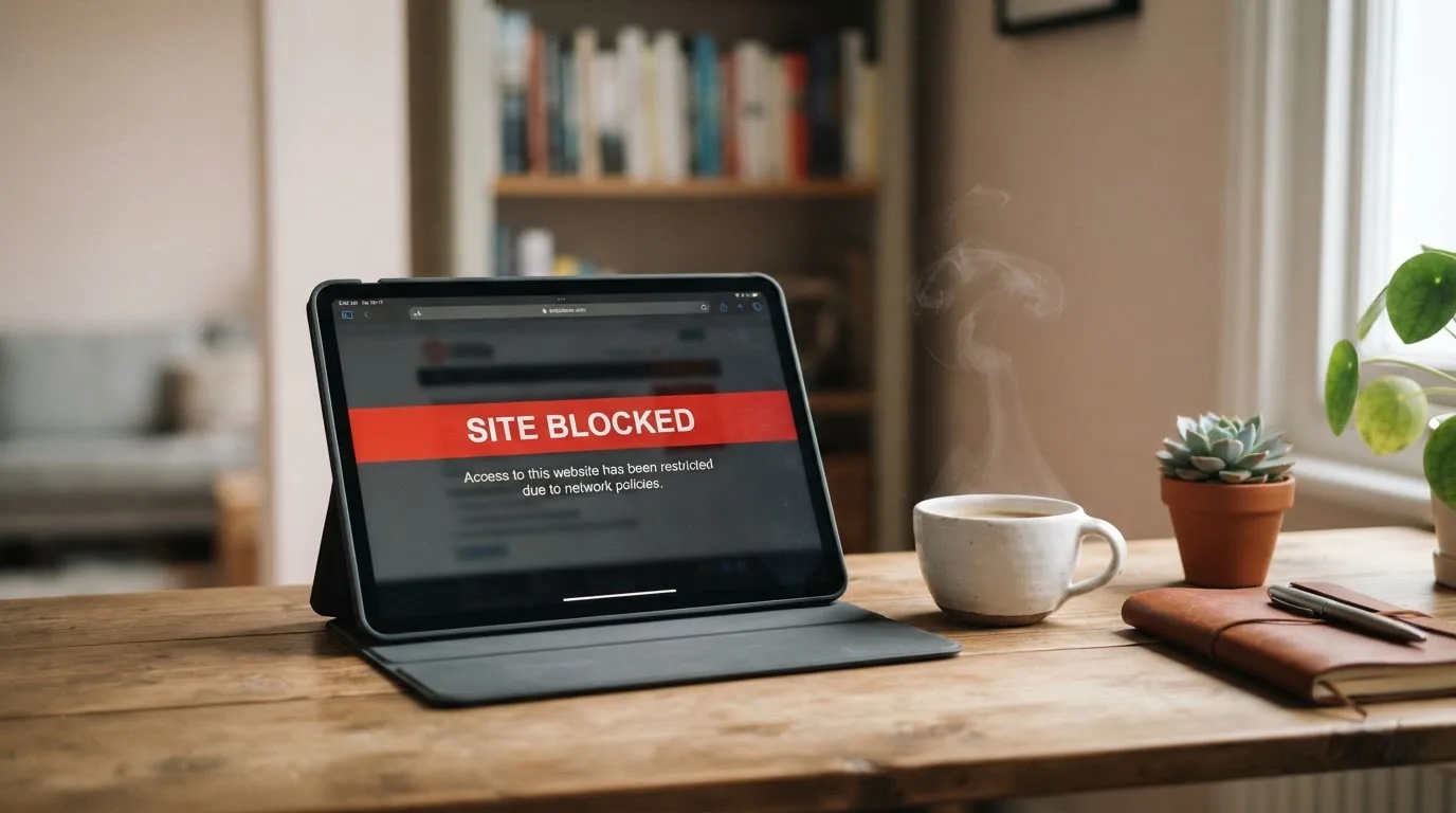 A tablet screen displaying an official regulator warning notice on a desk beside a coffee cup.