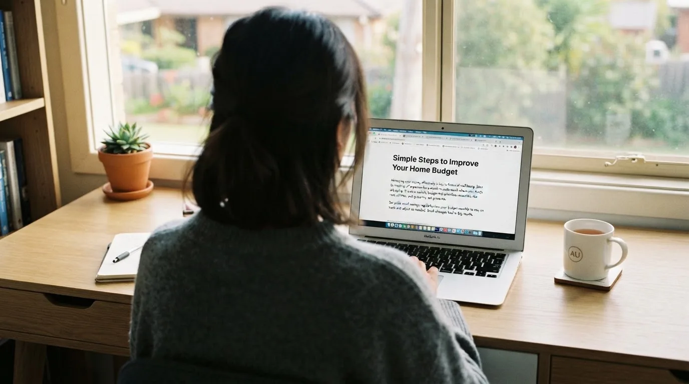 A person at a laptop reading a plain-language explainer article at a home desk.