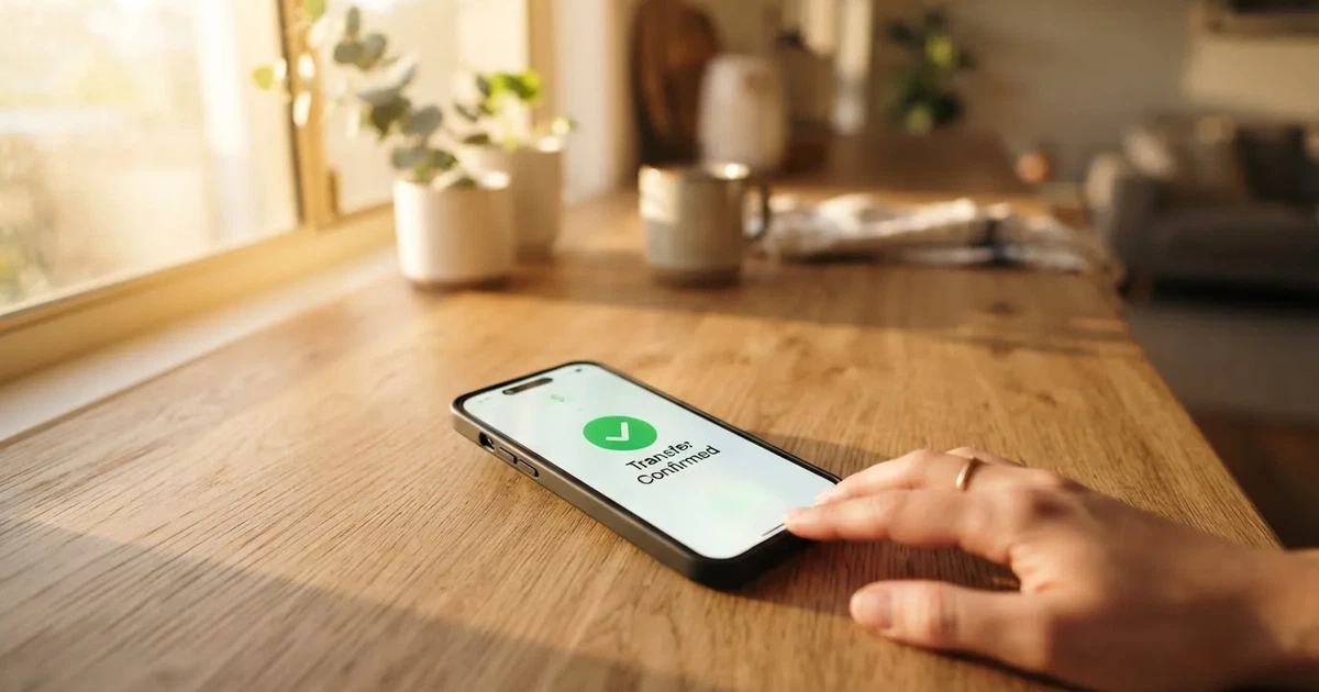 A close-up of a banking app on a smartphone showing a same-day transfer confirmation on a kitchen table.