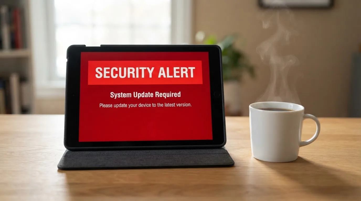 A tablet screen displaying an official regulator warning notice on a desk beside a coffee cup.