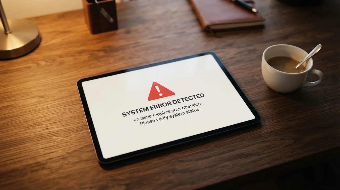 A tablet screen displaying an official regulator warning notice on a desk beside a coffee cup.