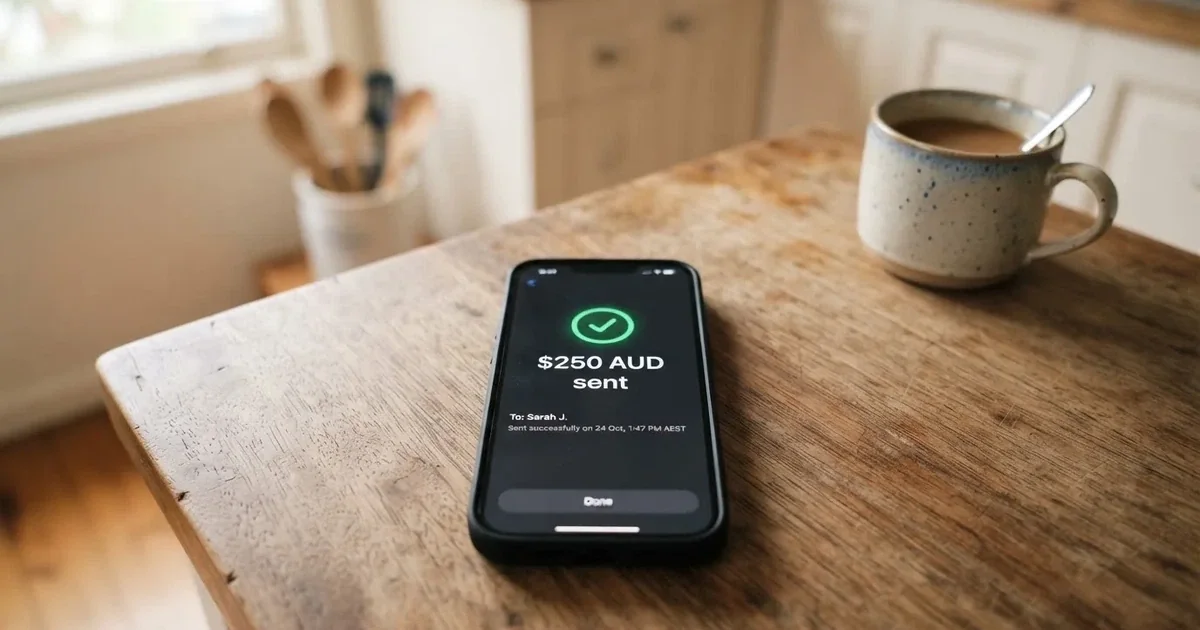 A close-up of a banking app on a smartphone showing a same-day transfer confirmation on a kitchen table.
