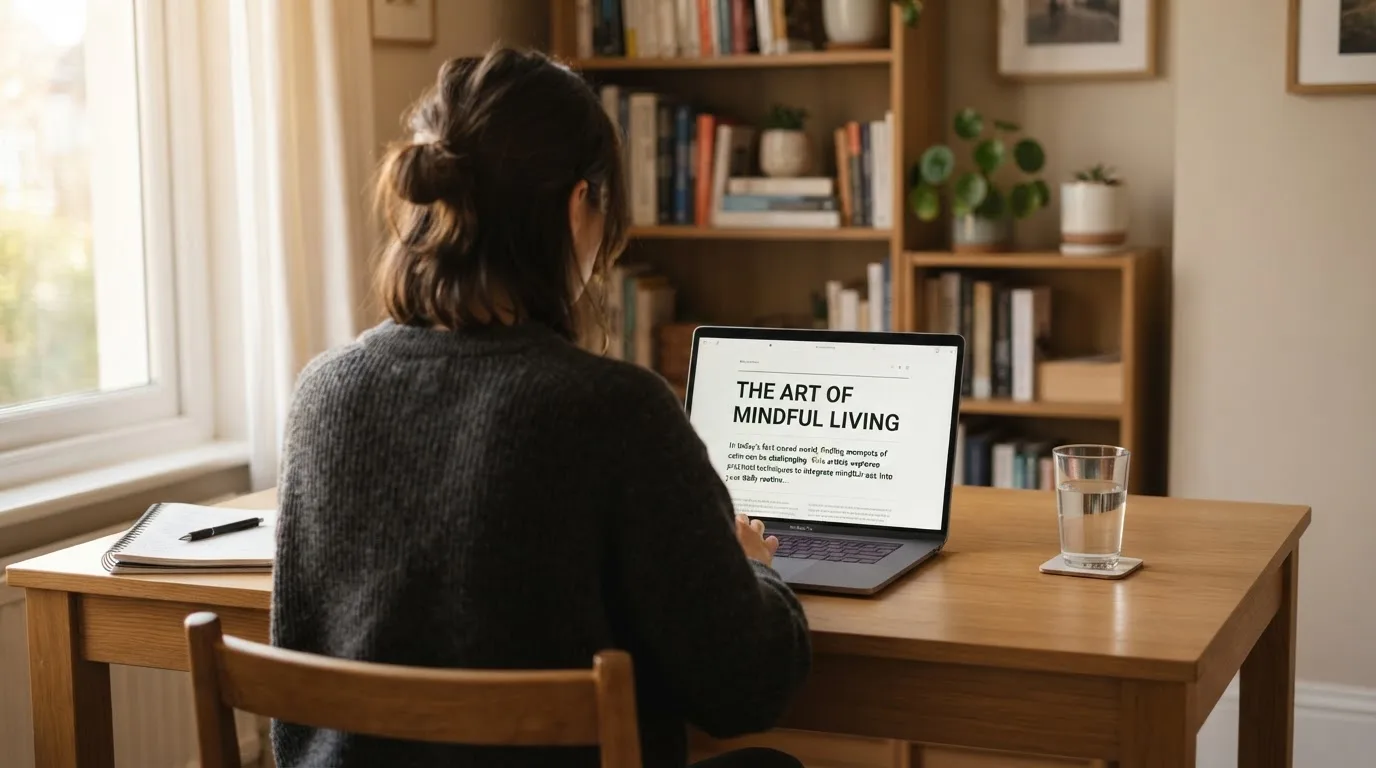 A person at a laptop reading a plain-language explainer article at a home desk.