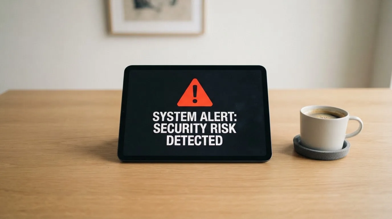 A tablet screen displaying an official regulator warning notice on a desk beside a coffee cup.