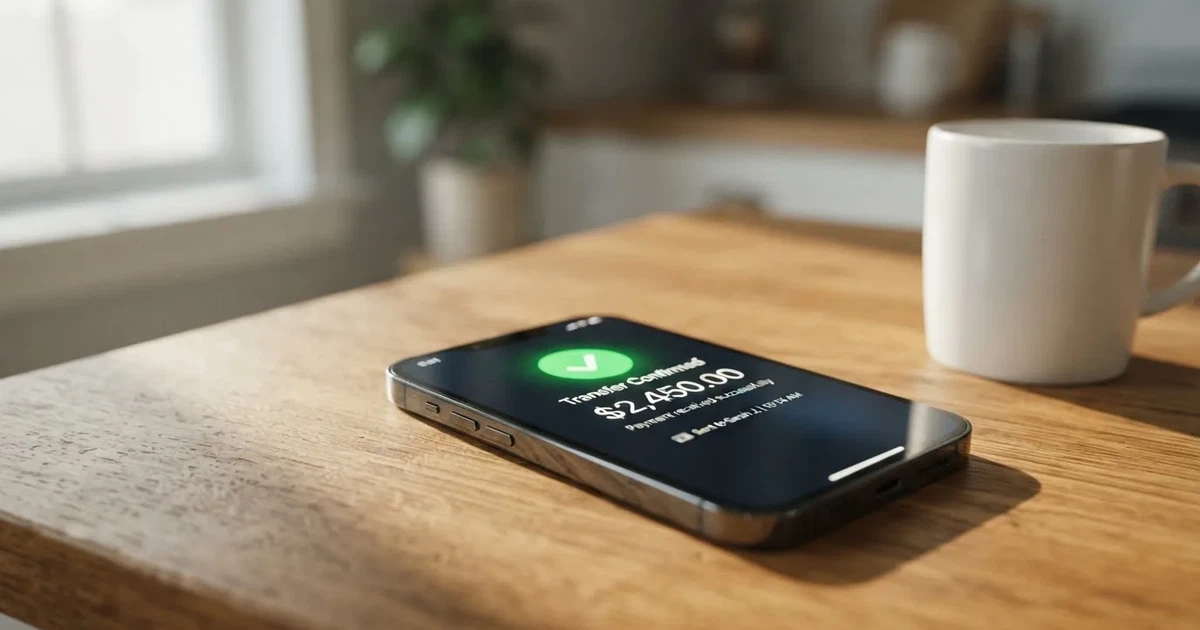 A close-up of a banking app on a smartphone showing a same-day transfer confirmation on a kitchen table.