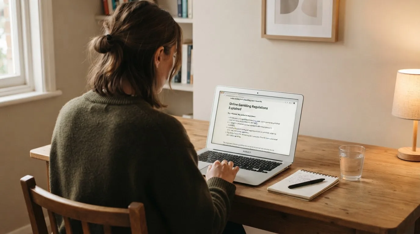 A person at a laptop reading a plain-language explainer article at a home desk.
