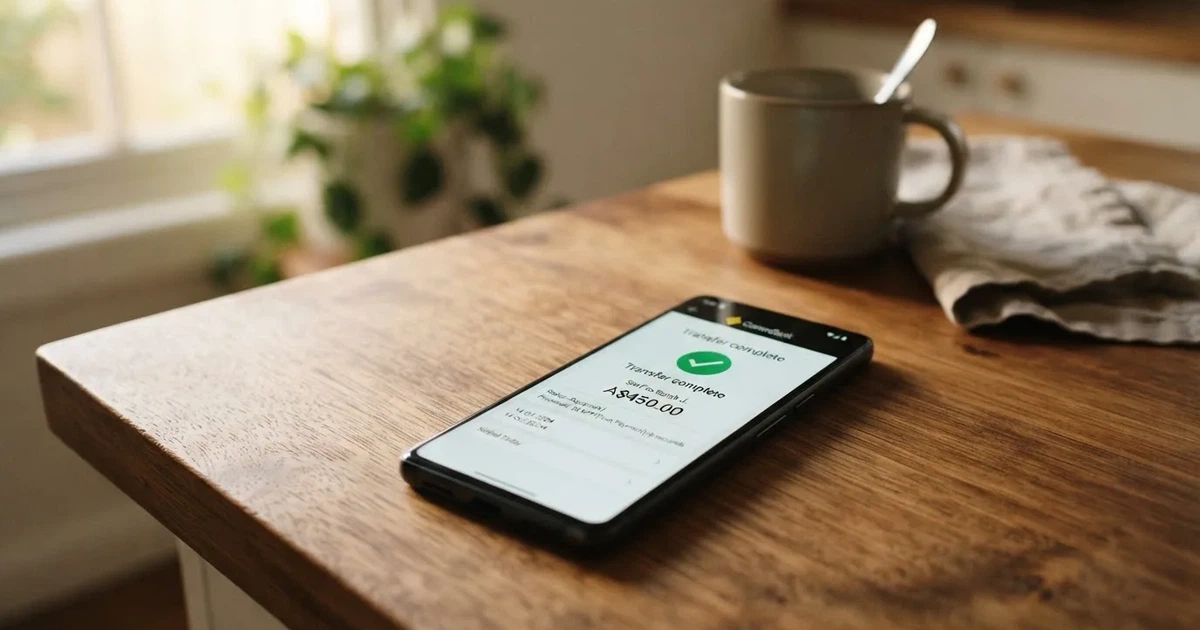 A close-up of a banking app on a smartphone showing a same-day transfer confirmation on a kitchen table.