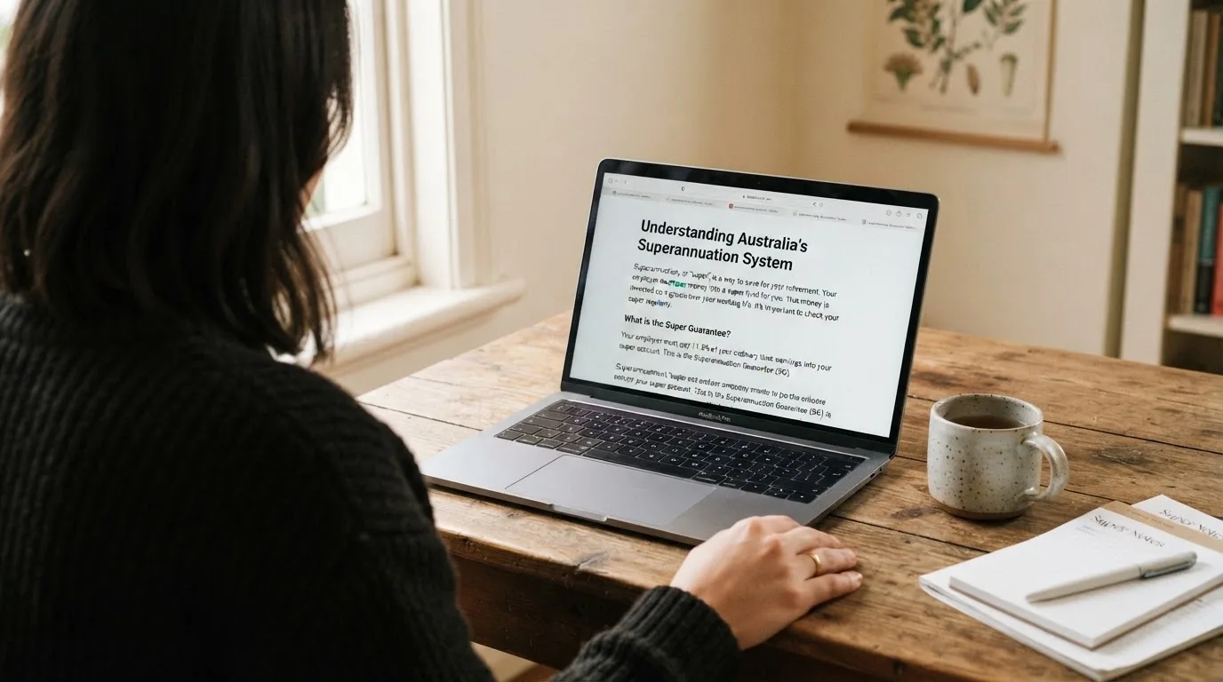 A person at a laptop reading a plain-language explainer article at a home desk.
