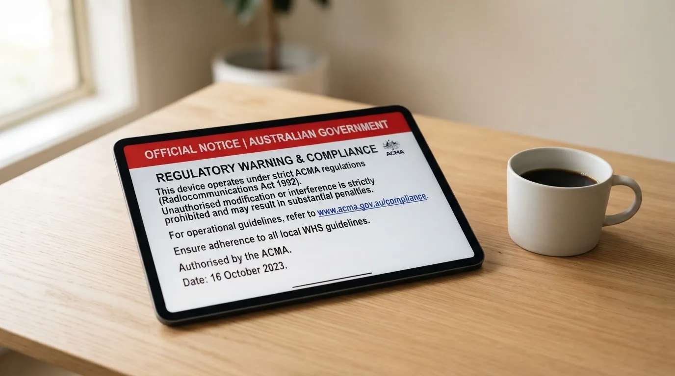 A tablet screen displaying an official regulator warning notice on a desk beside a coffee cup.