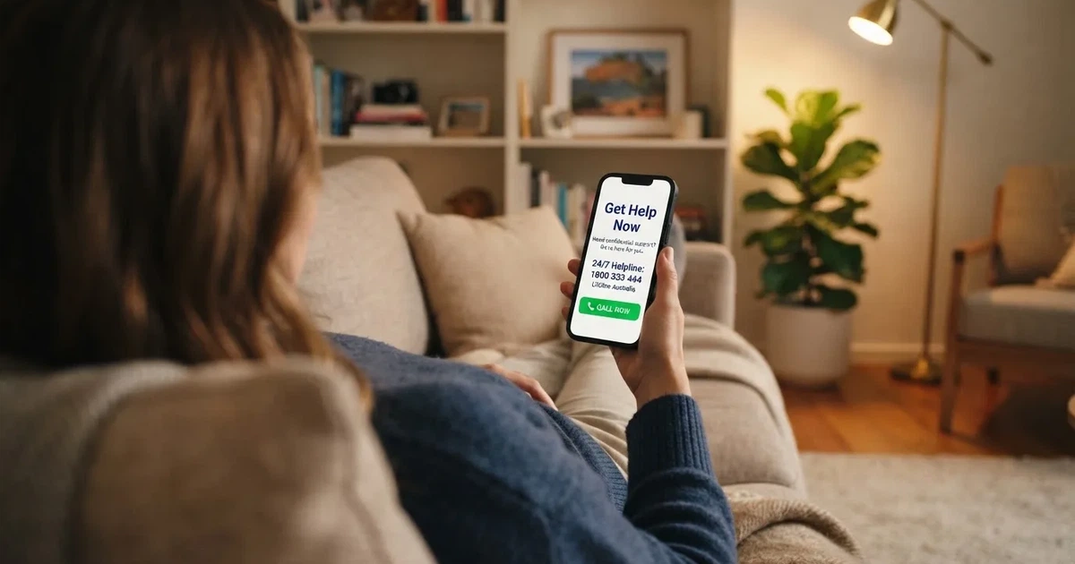 A person looking at a support helpline page on a phone while sitting on a couch.