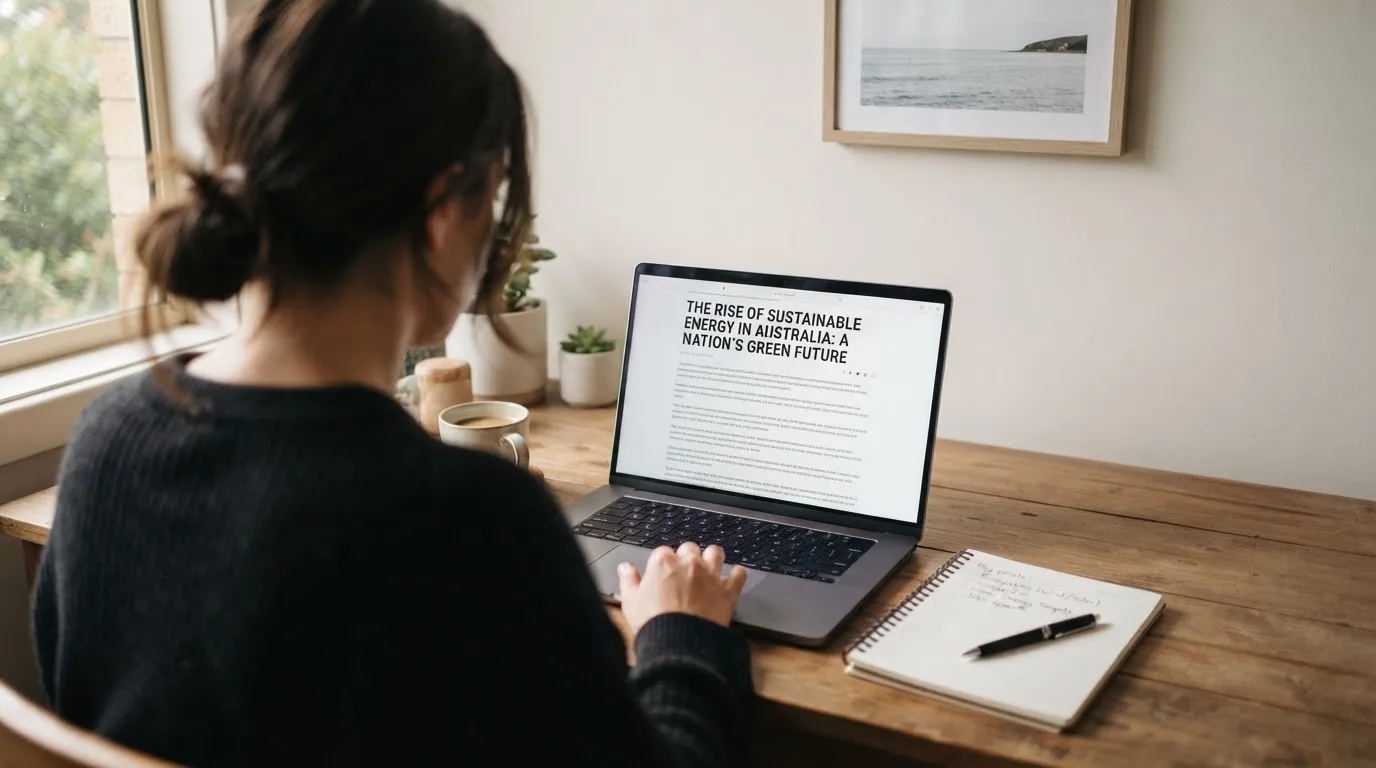 A person at a laptop reading a plain-language explainer article at a home desk.