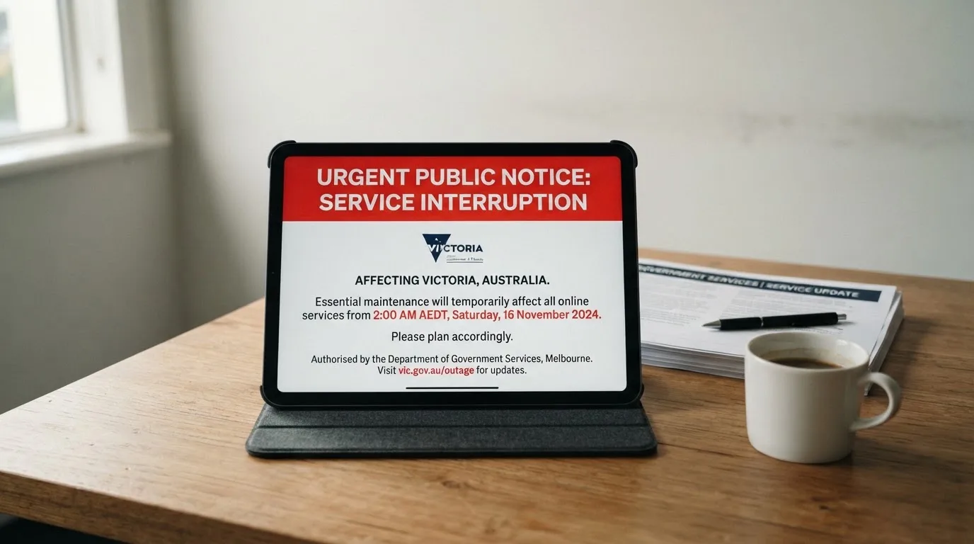 A tablet screen displaying an official regulator warning notice on a desk beside a coffee cup.