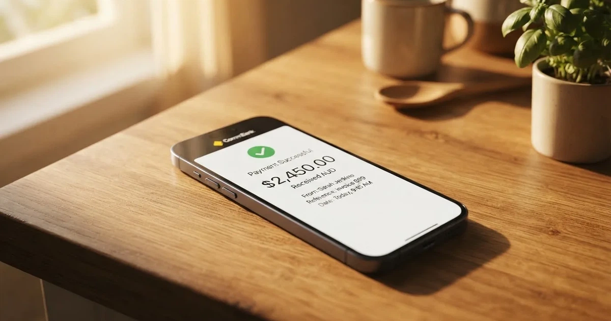 A close-up of a banking app on a smartphone showing a same-day transfer confirmation on a kitchen table.