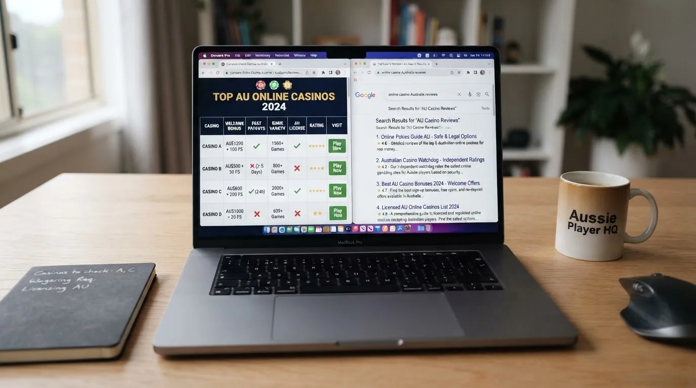 A laptop screen split between two browser tabs, one showing a comparison table and the other a search results page.