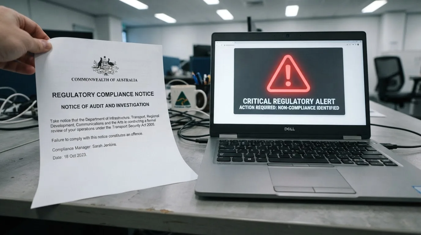 A printed government warning notice on a desk beside a laptop with a red alert icon on the screen.