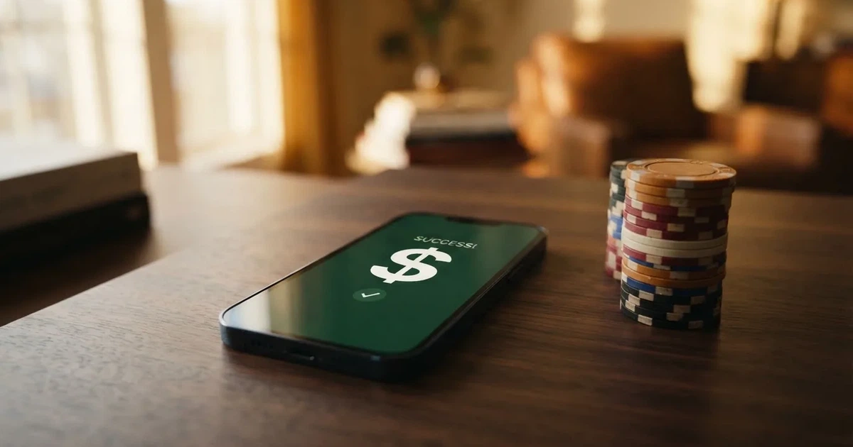 A phone displaying a bank transfer confirmation screen next to a stack of Australian dollar notes.