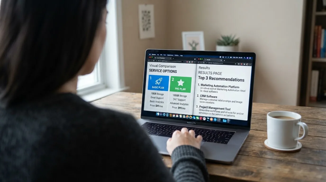 A laptop screen split between two browser tabs, one showing a comparison table and the other a search results page.