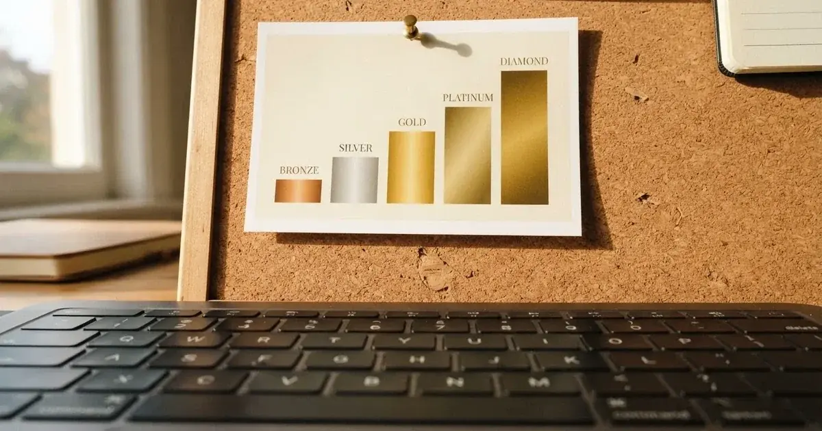 A gold-coloured tier chart pinned to a corkboard next to a laptop keyboard.