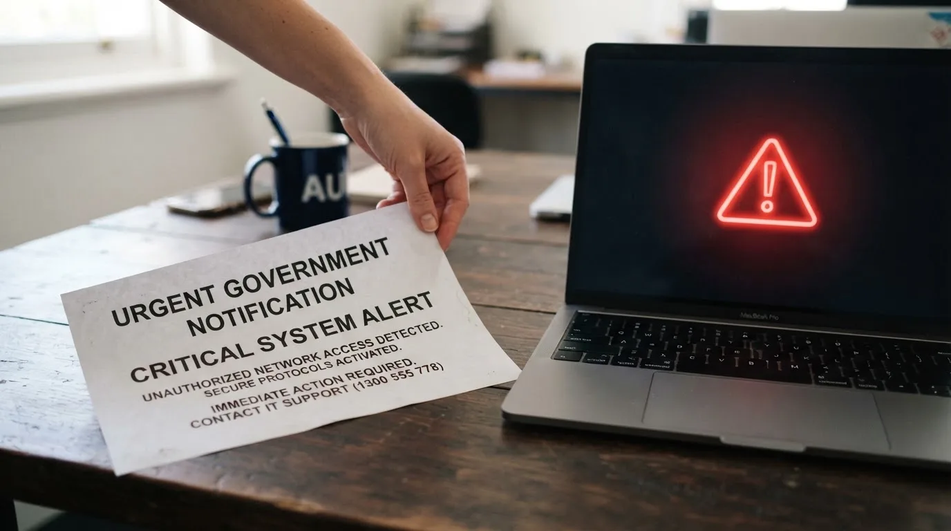 A printed government warning notice on a desk beside a laptop with a red alert icon on the screen.
