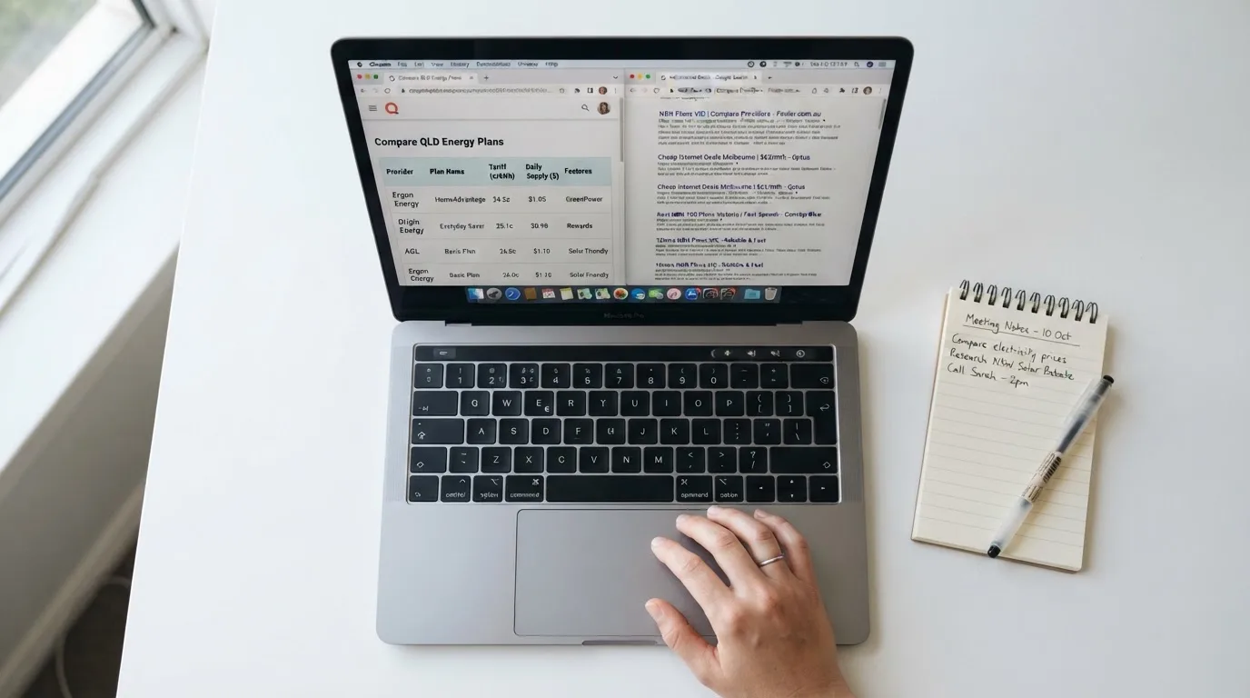 A laptop screen split between two browser tabs, one showing a comparison table and the other a search results page.