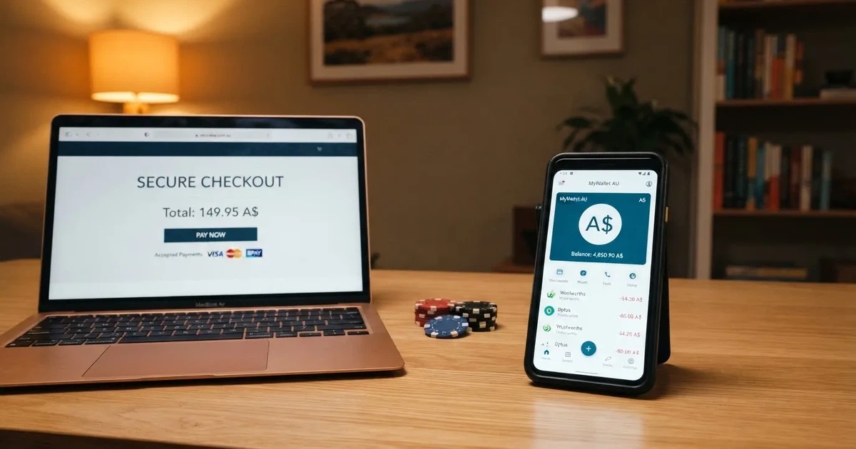 A smartphone screen showing a digital wallet balance next to a laptop cashier page.